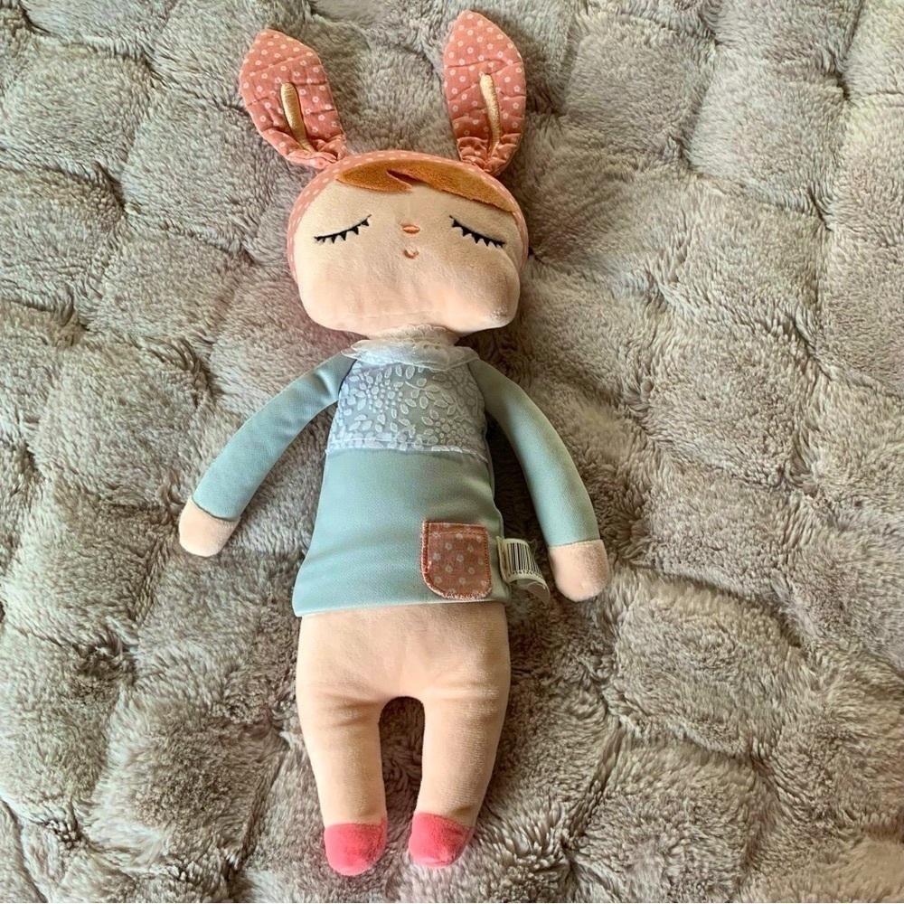 Metoo Angela Plush Doll Cloth Soft Gray Dress Pink Bunny Ears 14"